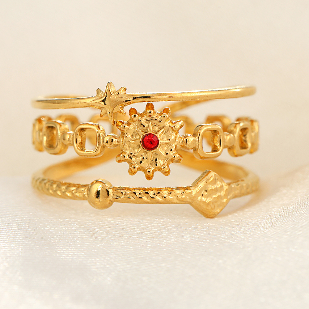 18k real gold three-line sun flower red diamond