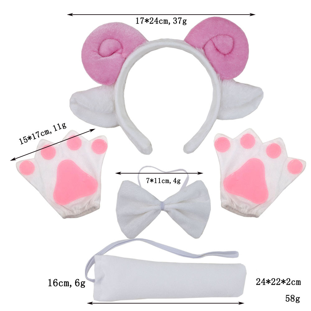 Pink fur roll sheep horn three piece set white gloves