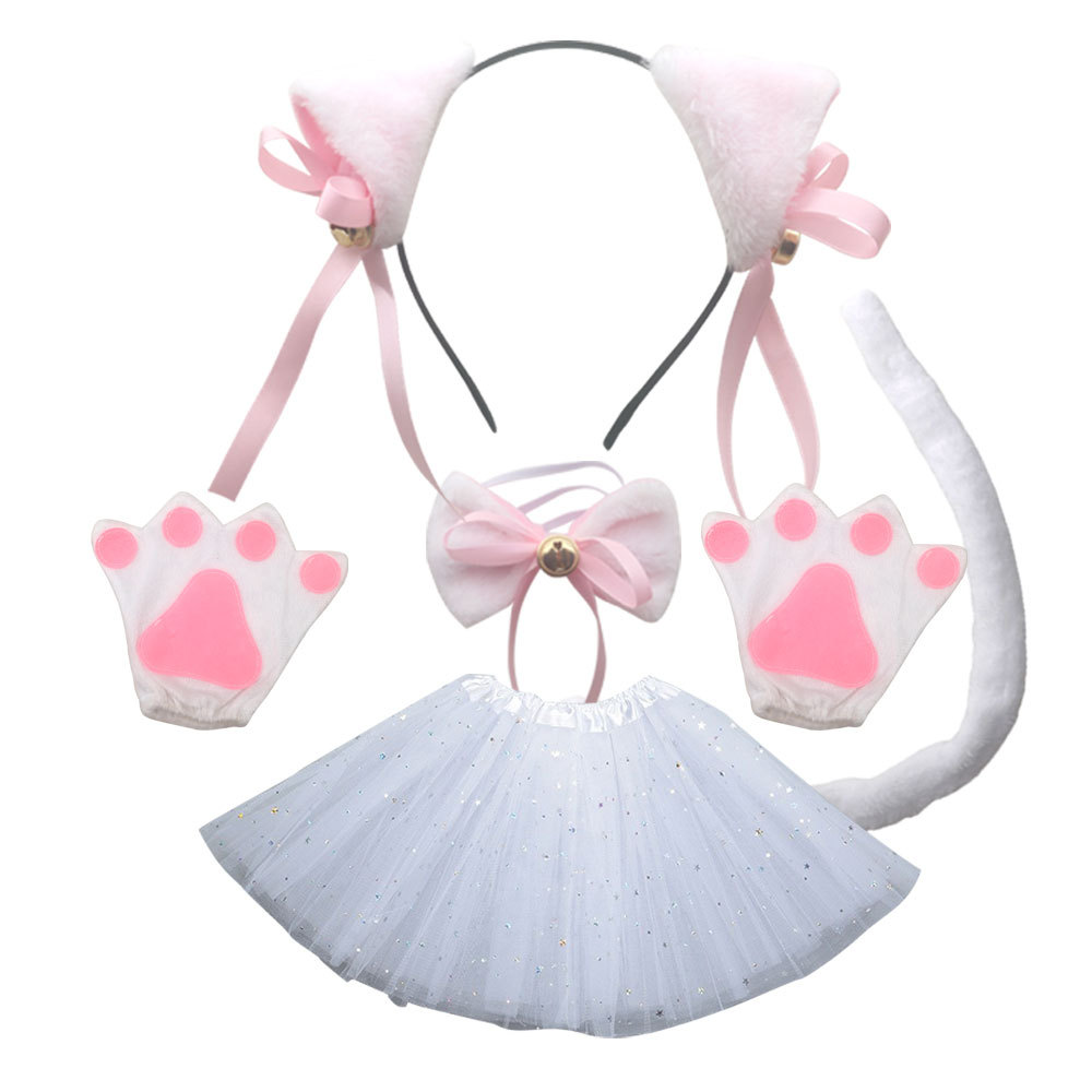 Iron head buckle fur bell white cat ear three piece set white gloves white star gauze skirt