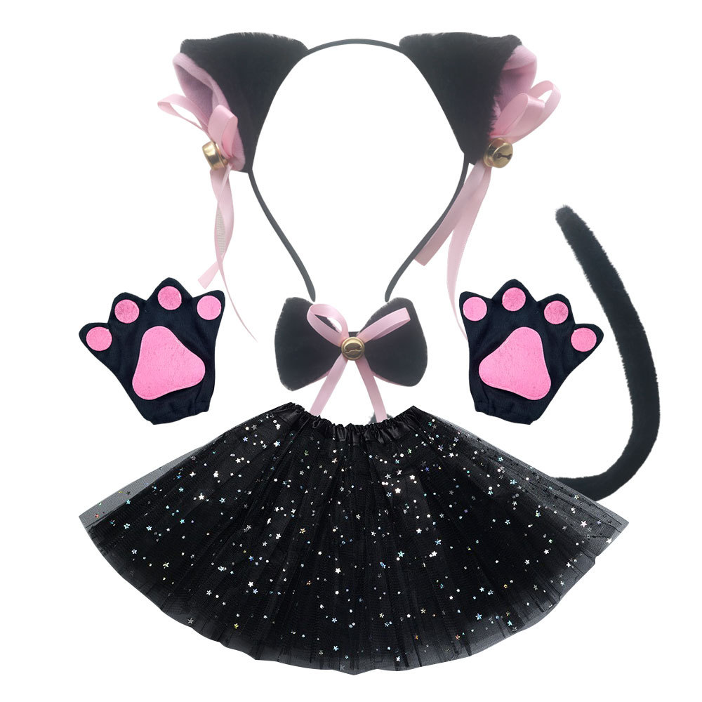 Iron head buckle fur bell black cat ear three piece set black gloves black star gauze skirt