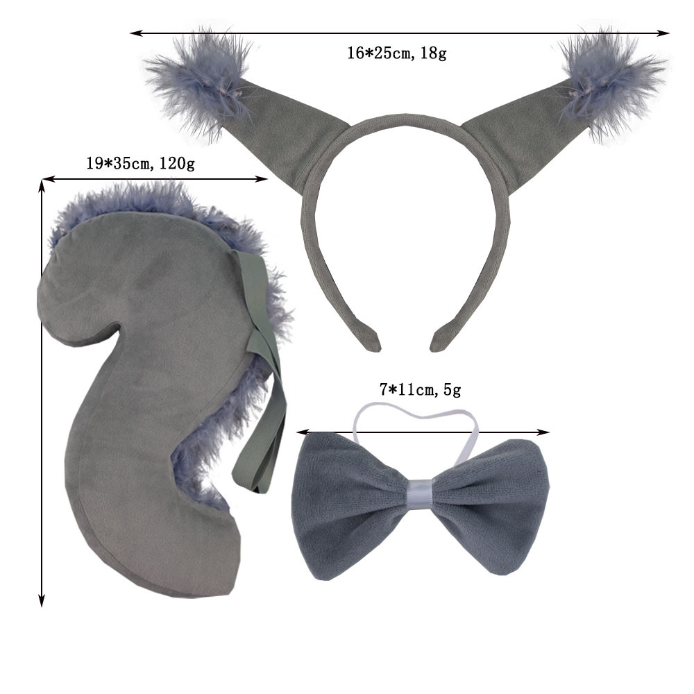 Super Soft Grey Squirrel Ears Three Piece Set with Hairy Strips