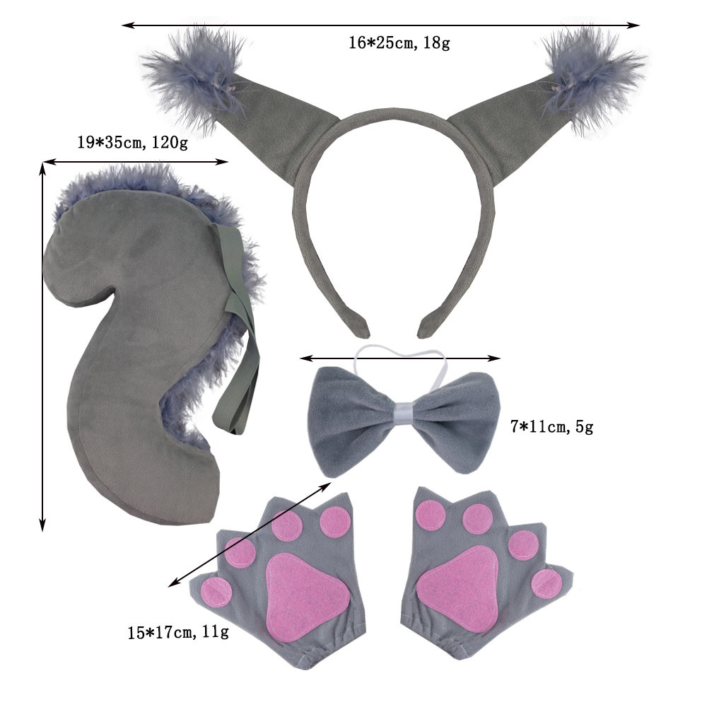 Super soft gray squirrel ear three piece set with fur strips and gray gloves