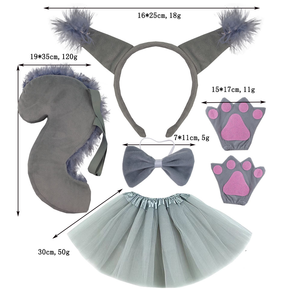 Super soft gray squirrel ear three piece set with fur strips, gray gloves, and gray gauze skirt