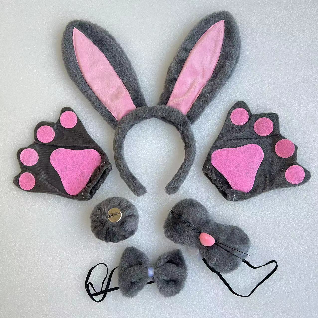 Fur powder piece gray rabbit nose four piece set gray gloves