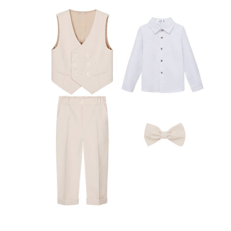 Beige 4-piece set (Long sleeve shirt , vest , trousers and bow tie)