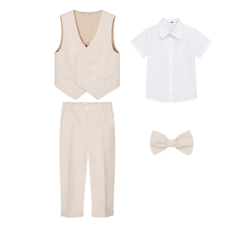 Beige 4-piece set (Short sleeved shirt , vest , trousers and bow tie)