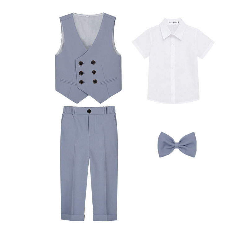 Blue 4-piece set (Short sleeve shirt , vest , trousers and bow tie)