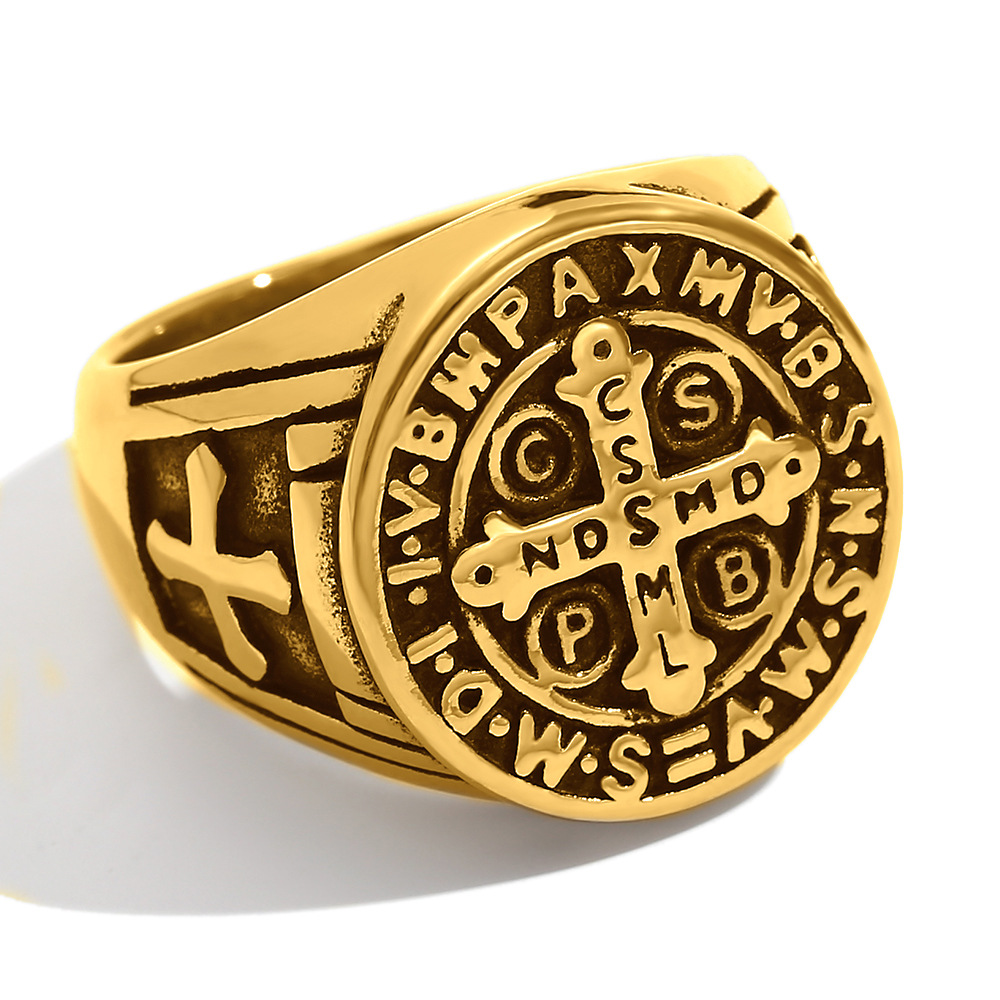 6:Vintage cross alphabet Mens ring - Gold