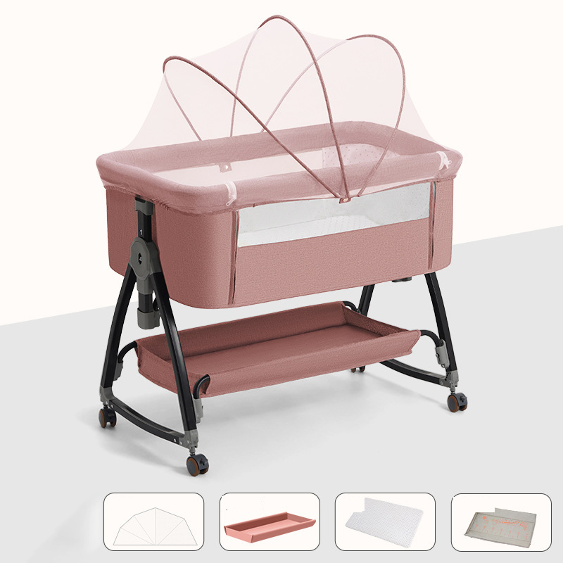 858- Pink - Luxury   mosquito net   mattress   storage basket   diaper table (6-speed adjustment)