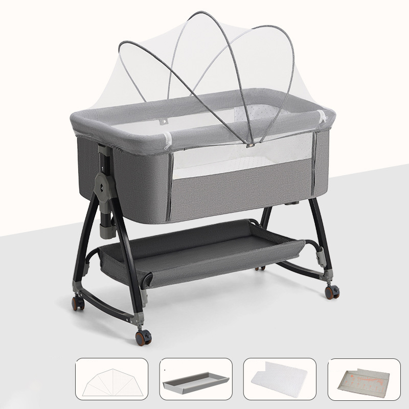 858- Gray - Luxury   mosquito net   mattress   storage basket   diaper table (six adjustment)