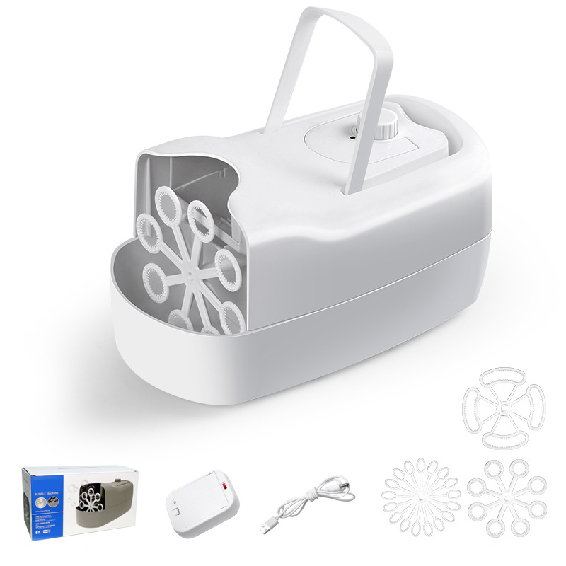 Square white bubble machine with 3 bubble wheel interchangeable