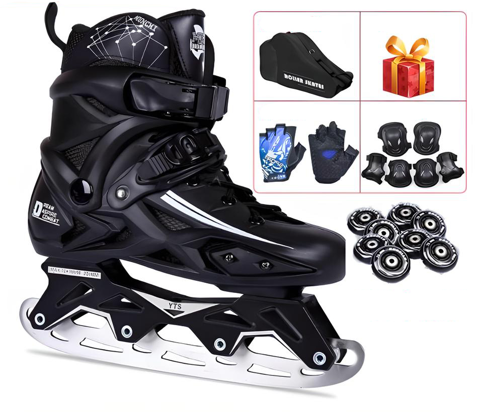 5-8 black skates   backpack   protective gear   gloves   gift bag   wheels