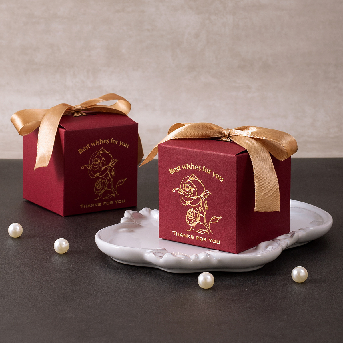 Wine Red Hot Gold Wedding Candy Box (Champagne Ribbon)