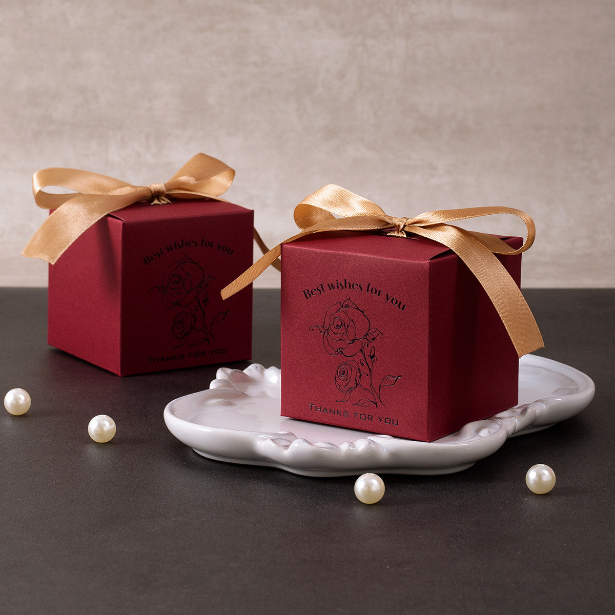 Wine Red Black Gold Wedding Candy Box (Champagne Ribbon)