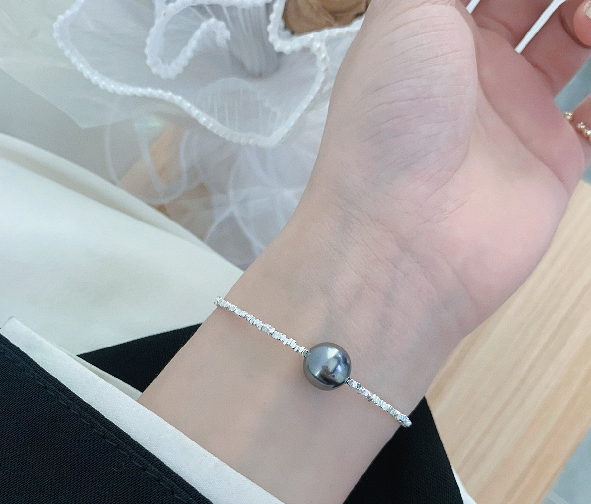 Grey Pearl Square Shattered Silver Bracelet