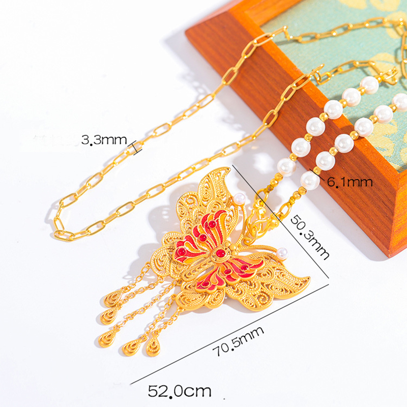 3 red tassel butterfly Pearl Necklace 52cm