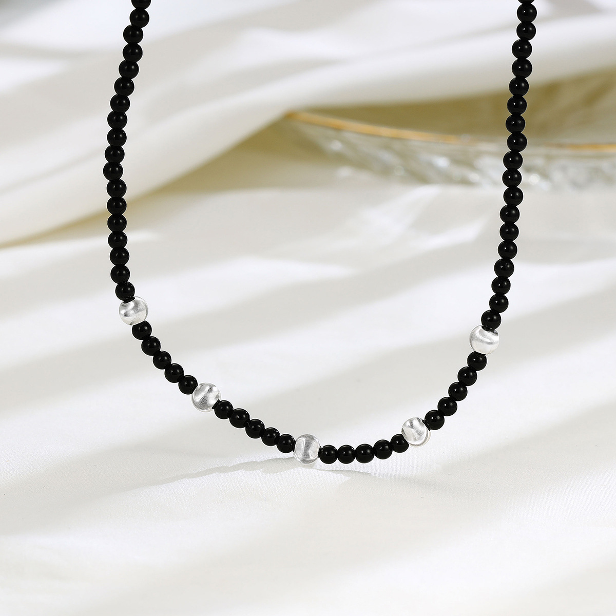 5 silver beads black onyx necklace