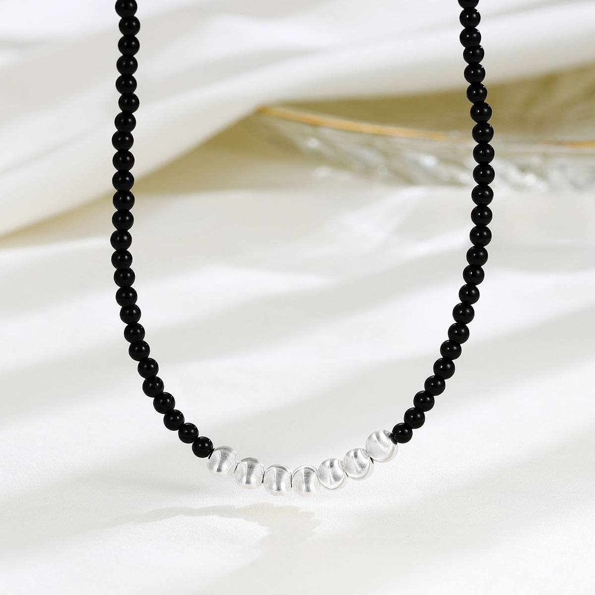 7 silver beads black onyx necklace