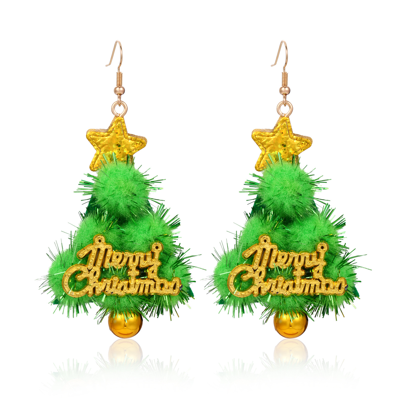 11. Green fur ball Christmas tree earrings