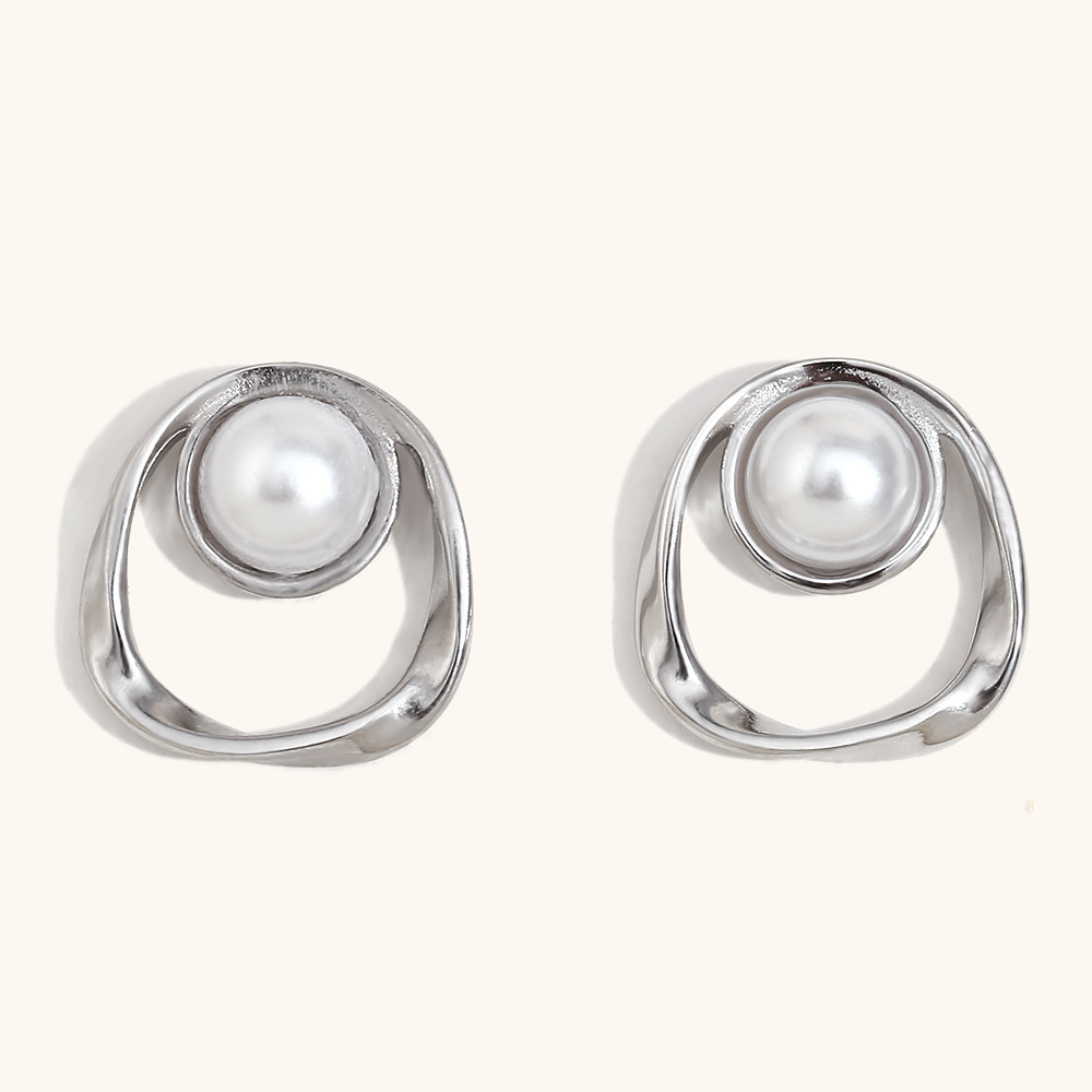 Irregular round hollow imitation pearl earrings-steel color