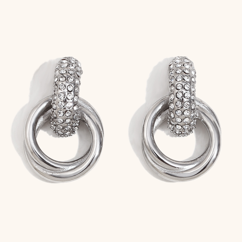 White zirconium ring stud earrings-steel color