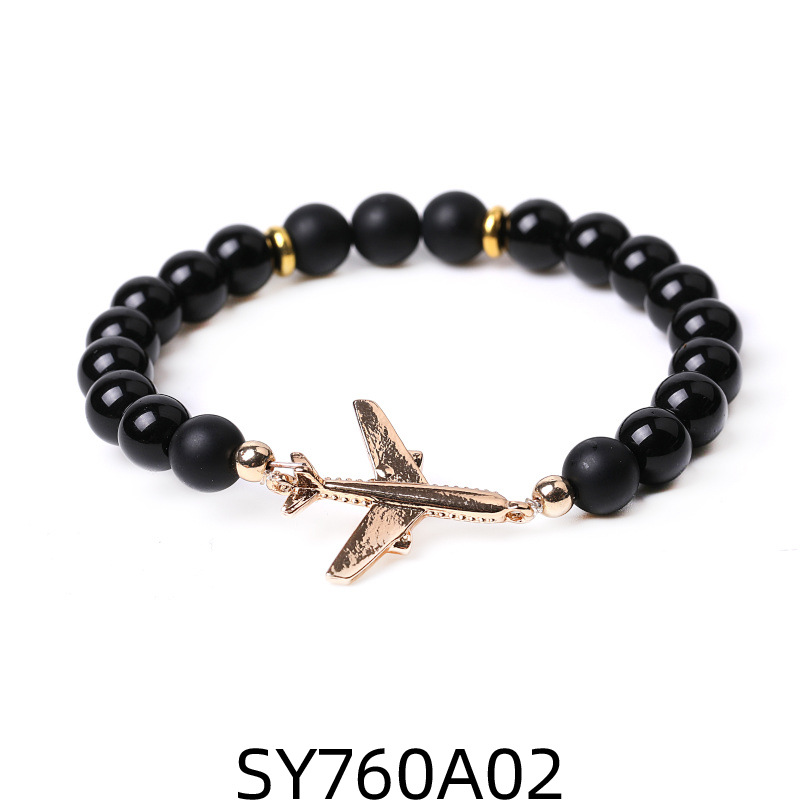 2 Frosted Black Stone bright black stone Golden airplane bracelet