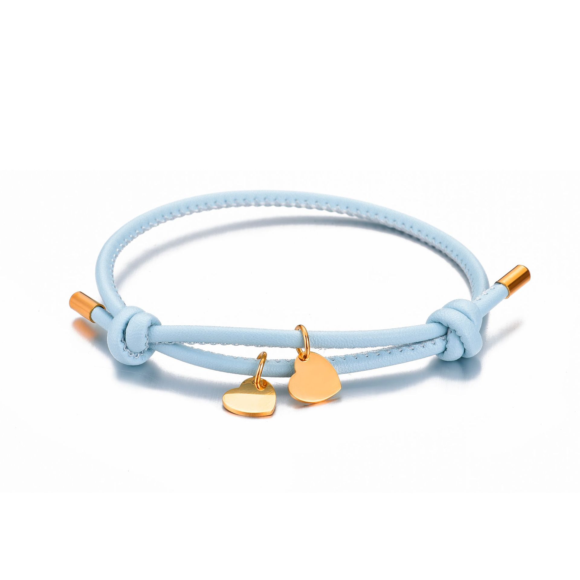 Sky blue leather rope rose gold heart pendant