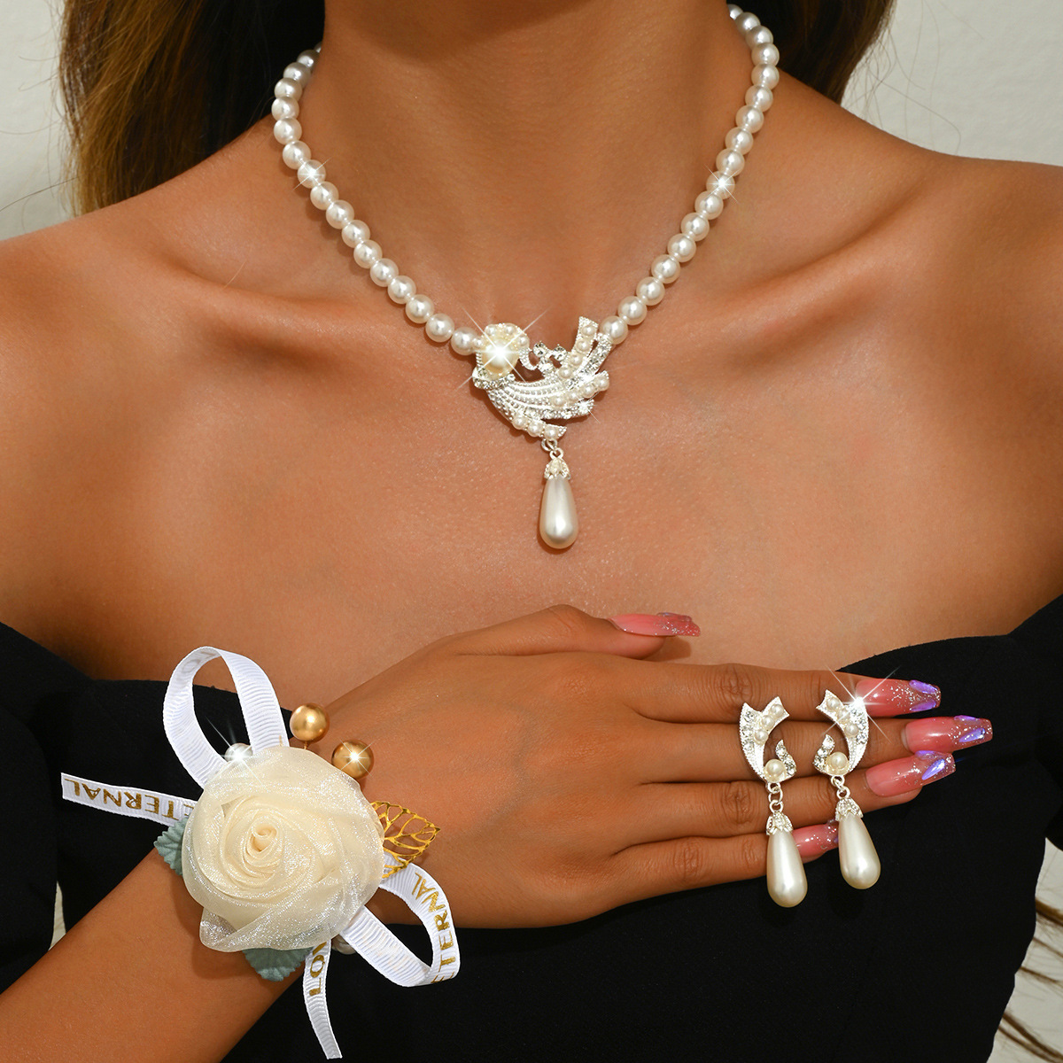 1 silver necklace earrings pearl flower bracelet