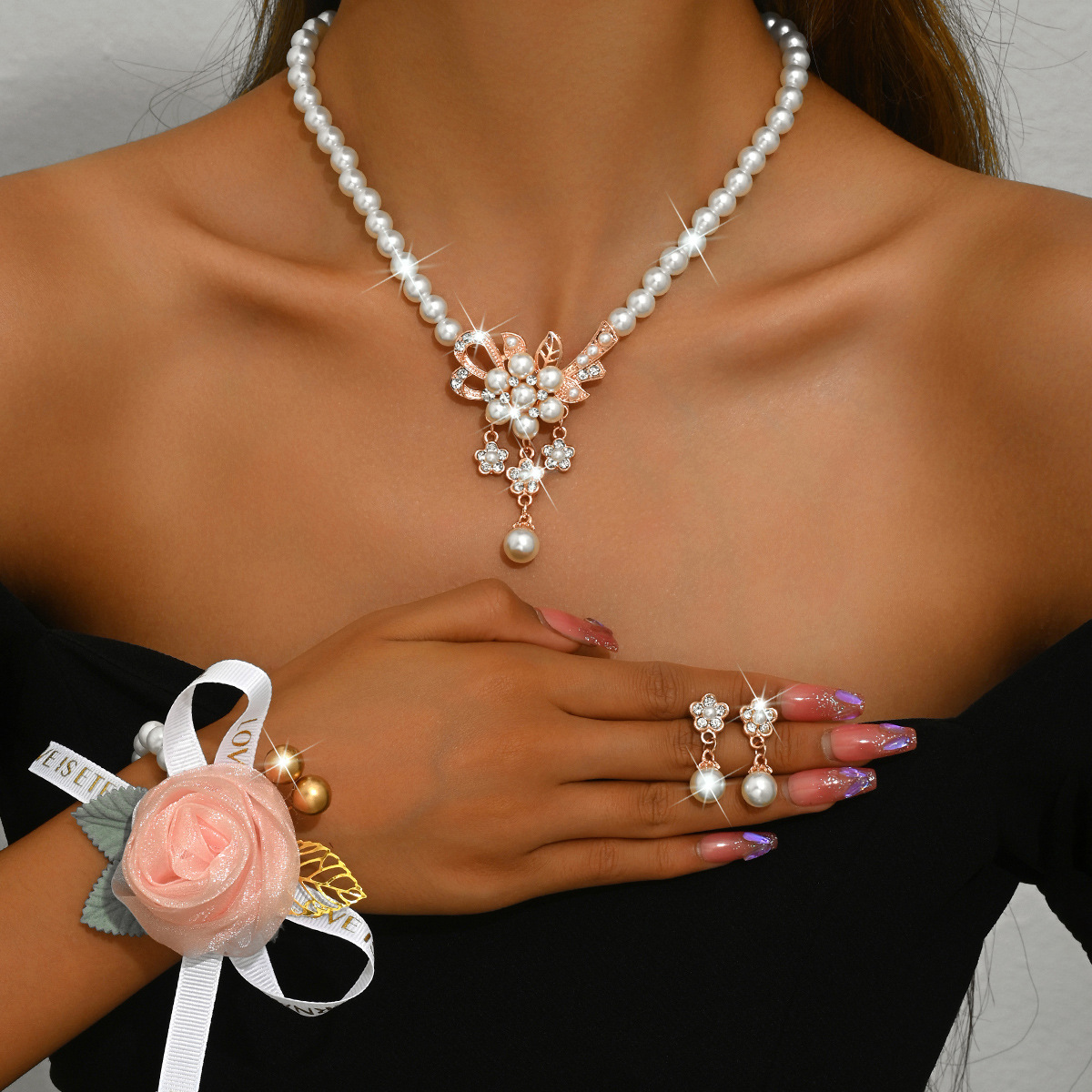 1 rose gold necklace earrings pearl flower bracelet