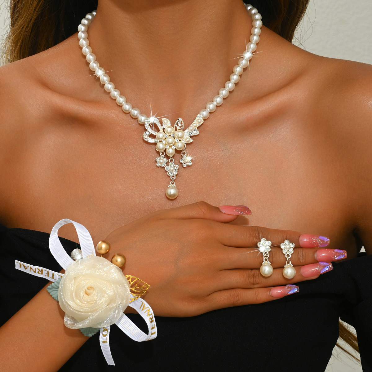 2 silver necklace earrings pearl flower bracelet