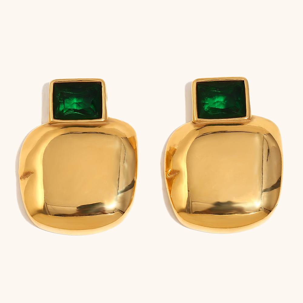 Green zirconium glossy square stud earrings-gold