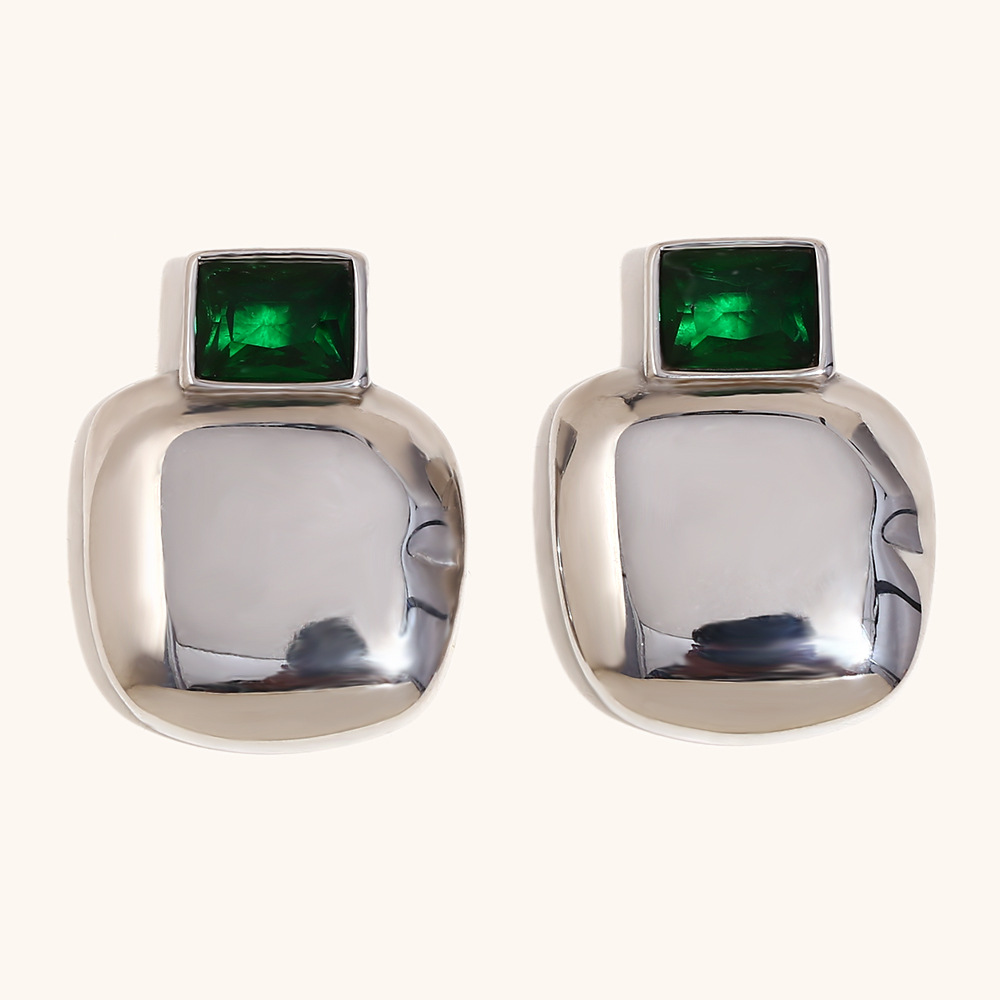 Green zirconium glossy square stud earrings-steel color