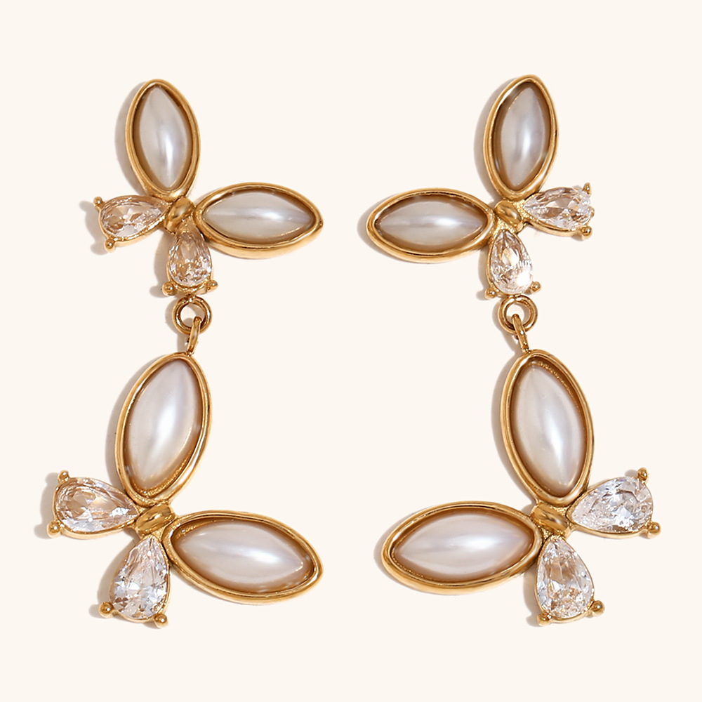 Pearl zircon spliced big and small butterfly stud earrings-gold