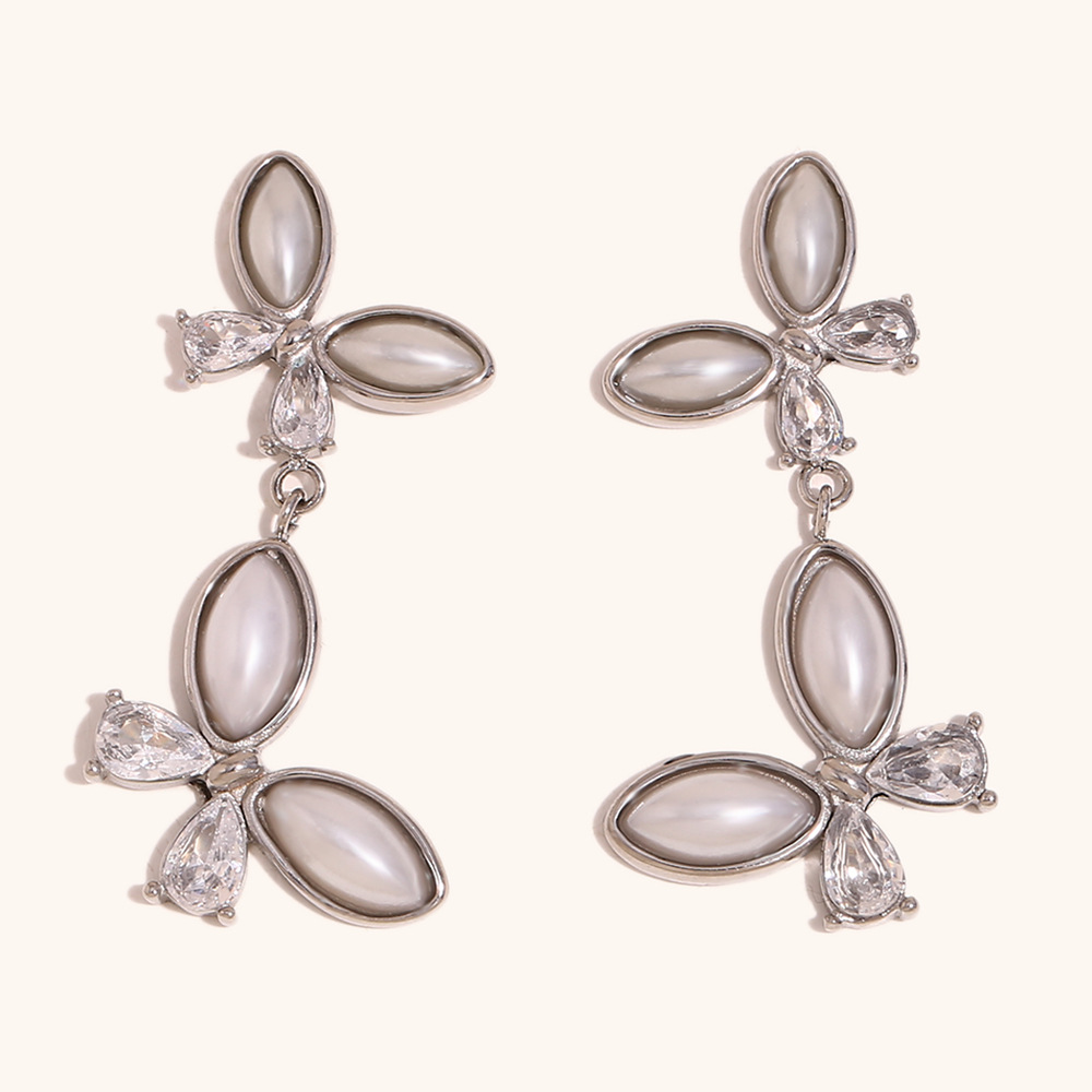 Pearl zircon spliced size butterfly stud earrings-steel color