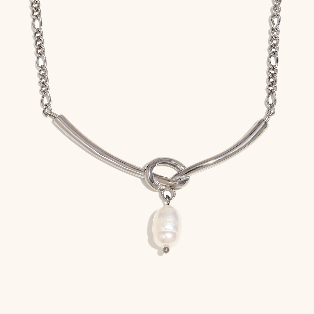 V-shaped knotted pharaoh chain pearl pendant necklace-steel color