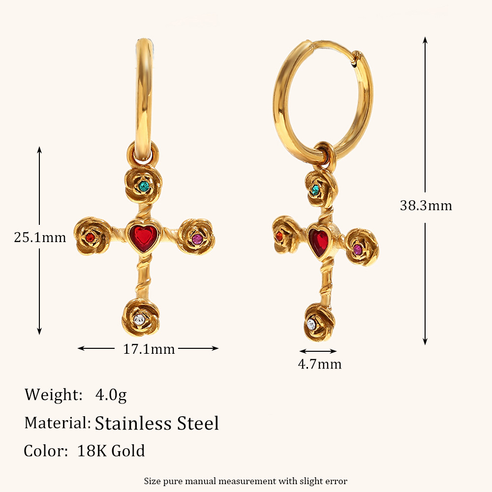 Rose cross pendant earrings-gold color