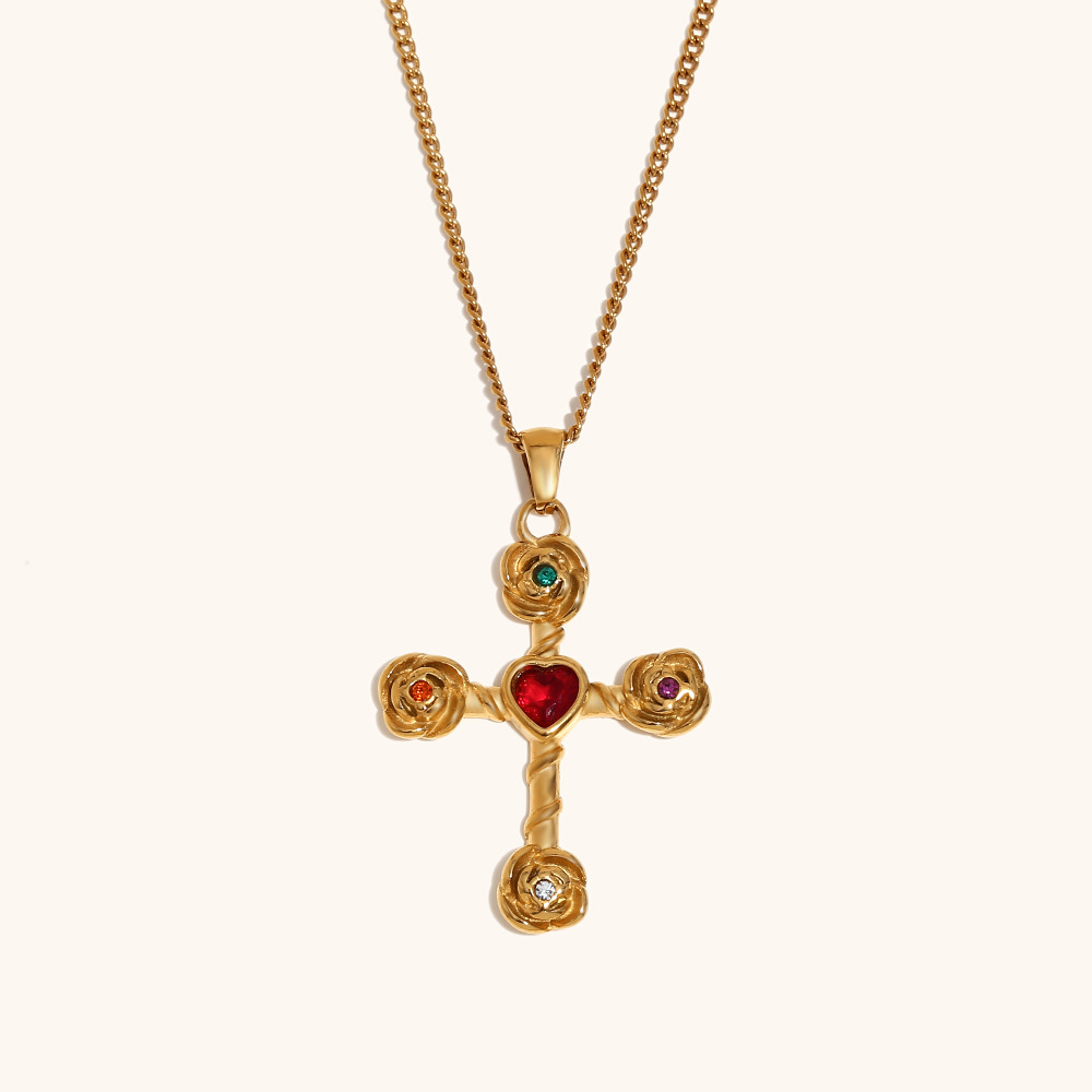 Rose cross pendant side chain necklace-gold color