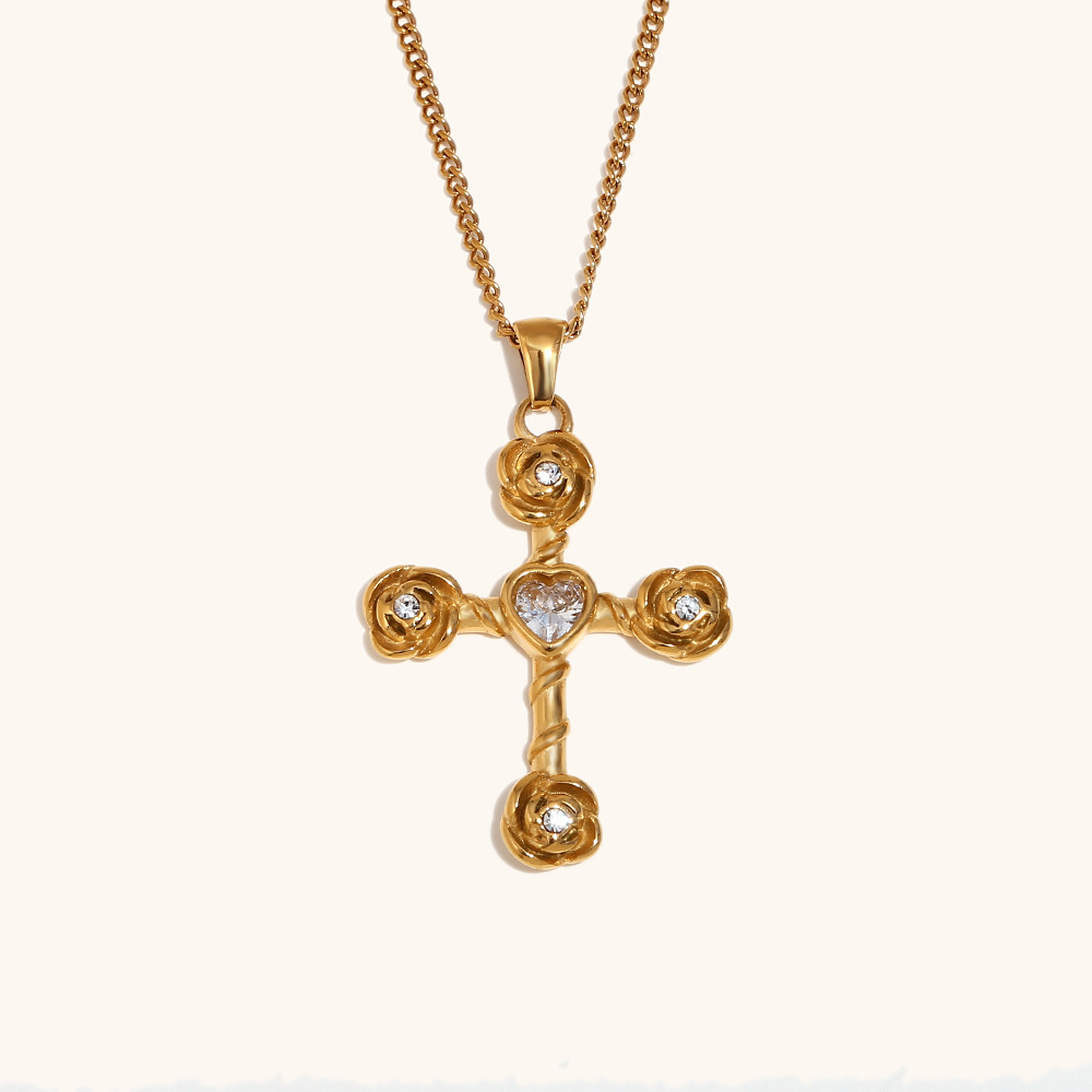 Rose cross pendant side chain necklace-gold and white