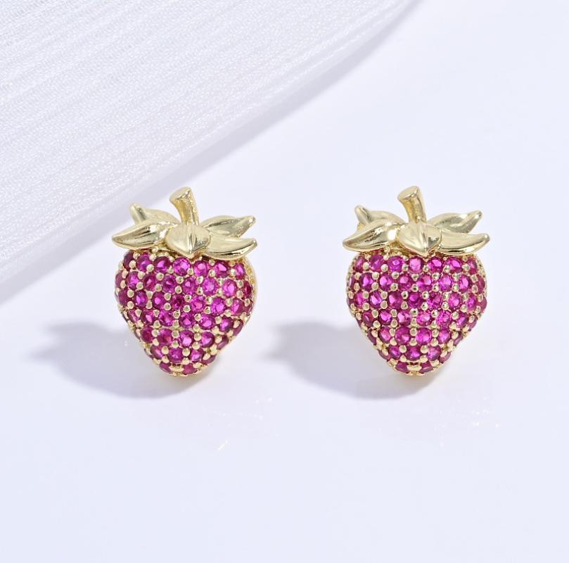 Ve1576 gold rose red diamond strawberry earrings 1 pair