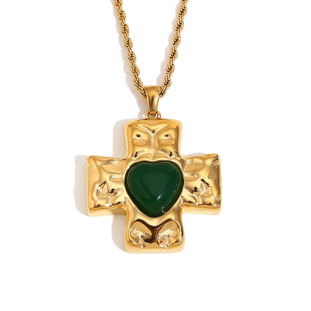 Hammered love green agate cross twist chain necklace-gold