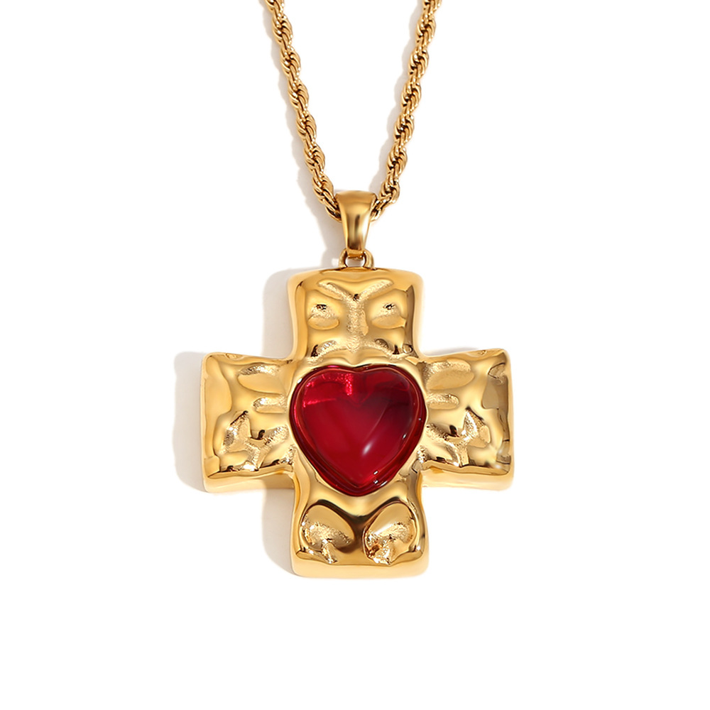 Hammered love red agate cross twist chain necklace-gold