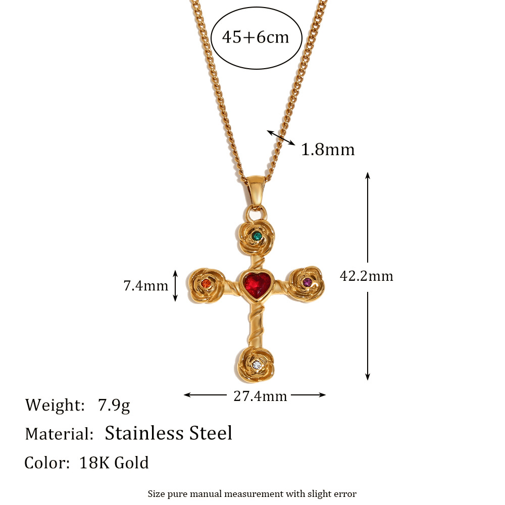 Rose cross pendant 1.8mm side chain necklace-gold color