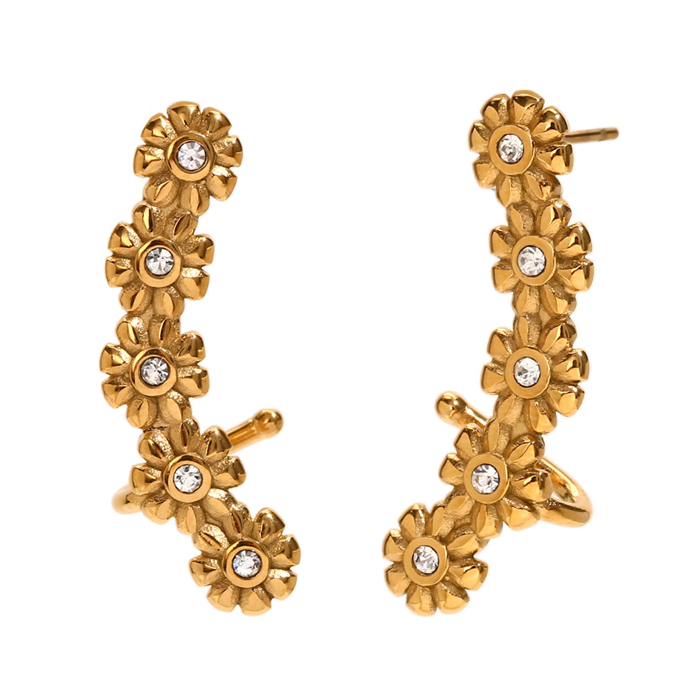 Small flower zircon ear cuff earrings-gold