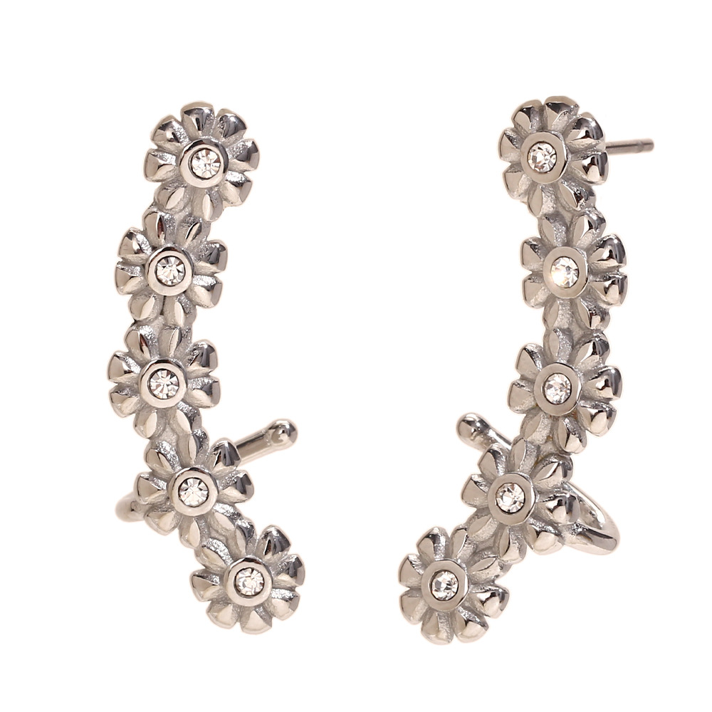 Small flower zircon ear cuff earrings-steel color