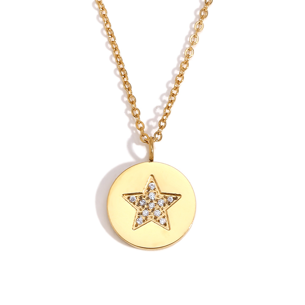 Round card full diamond five-pointed star necklace-gold