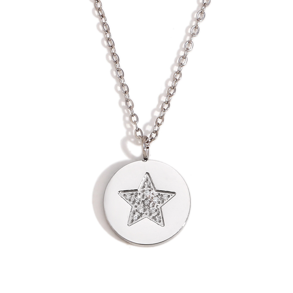 Round card full diamond five-pointed star necklace-steel color