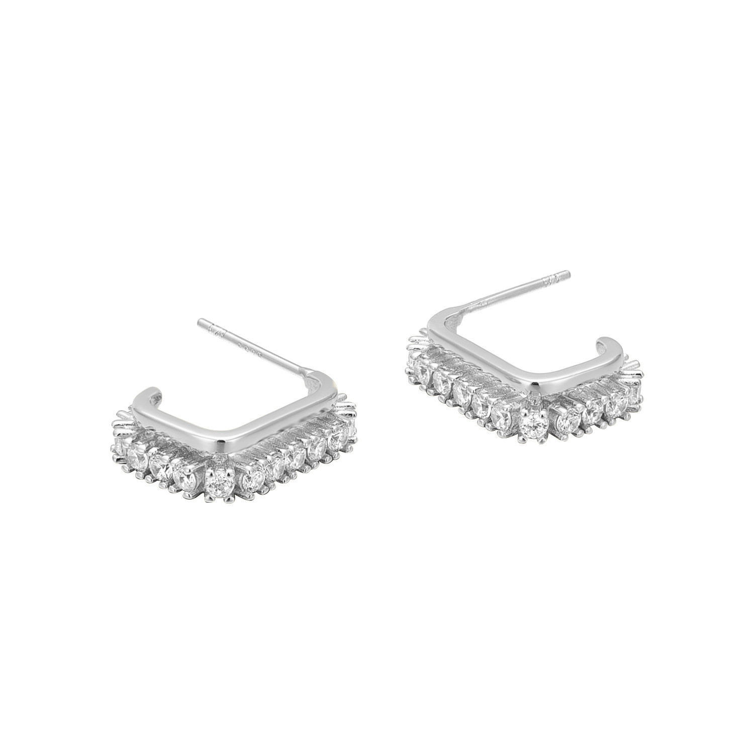 White gold C- shaped double-layer studded earrings