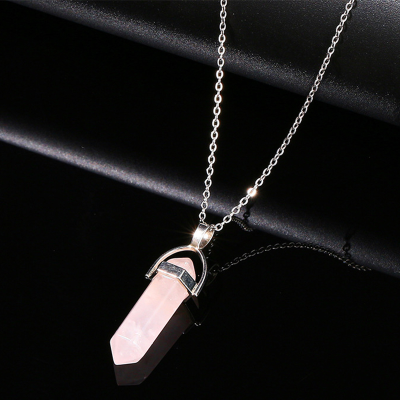 Natural rose quartz hexagonal column necklace