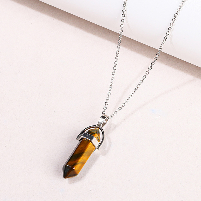 Natural yellow tiger eye stone hexagonal column necklace