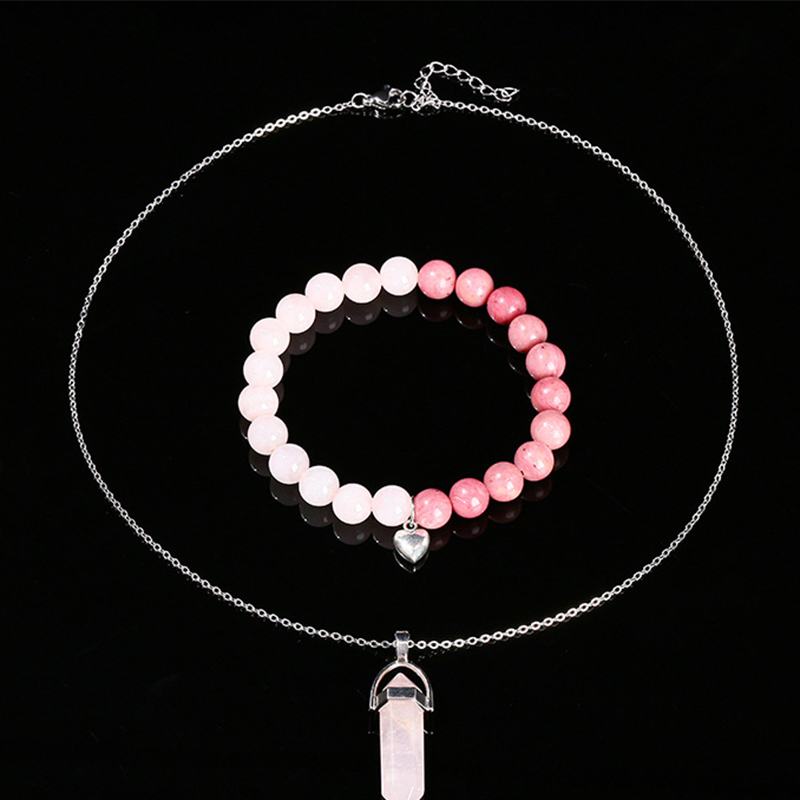 Natural rose quartz necklace horse pink stone bracelet set